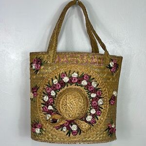 Extra Large Straw Bag Tote Raffia Tourist Souvenir Lined Flowers Sun Hat Design